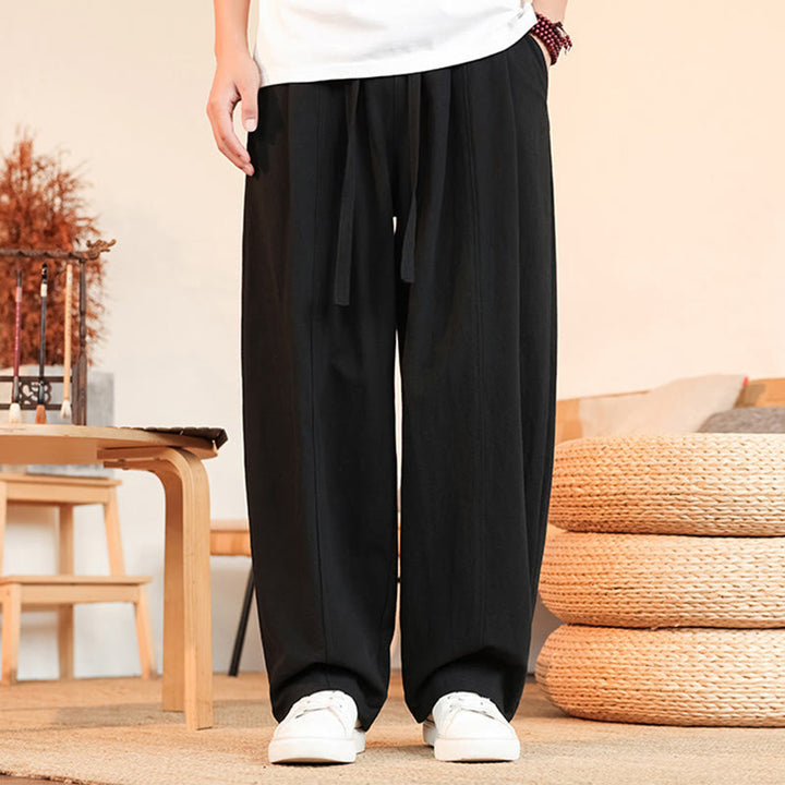 Buddha Stones Summer Casual Minimalist Drawstring Solid Cotton Ankle Pants Men's Straight Leg Pants With Pocket - Black - US/UK/AU46, EU56 (5XL) - image 3