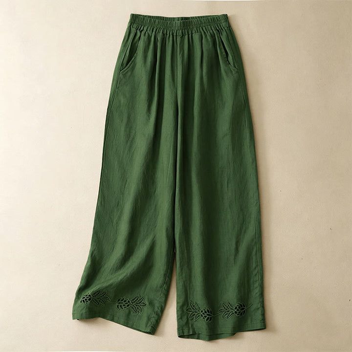 Buddha Stones Summer Casual Hollow Embroidery Hem Solid Ankle Pants Women's Harem Pants With Pocket - OliveDrab - US8-10, UK/AU12-14, EU40-42 (2XL) - image 0