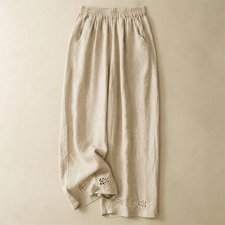 Buddha Stones Summer Casual Hollow Embroidery Hem Solid Ankle Pants Women's Harem Pants With Pocket - Beige - US8-10, UK/AU12-14, EU40-42 (2XL) - image 11