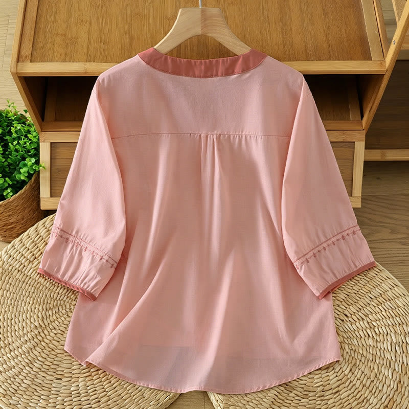 Buddha Stones Summer Casual Vintage Button-up Solid Decorative Seam  Women's Short Sleeve Shirts - image 1