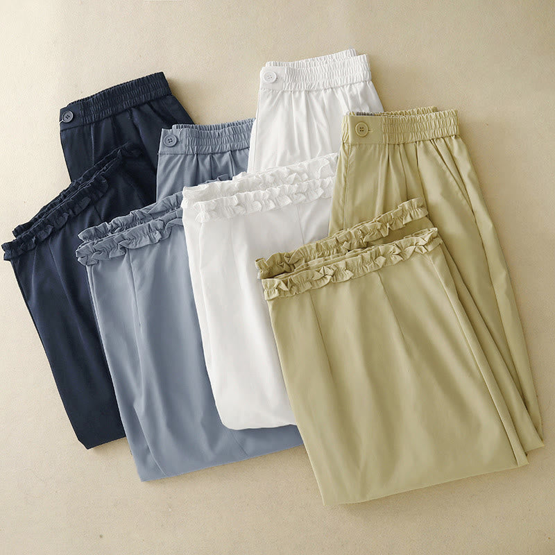 Buddha Stones Summer Casual Elegant Button-Up Solid Zipper Design Ruffles Hem Cropped Pants Women's Harem Pants With Pocket - image 24