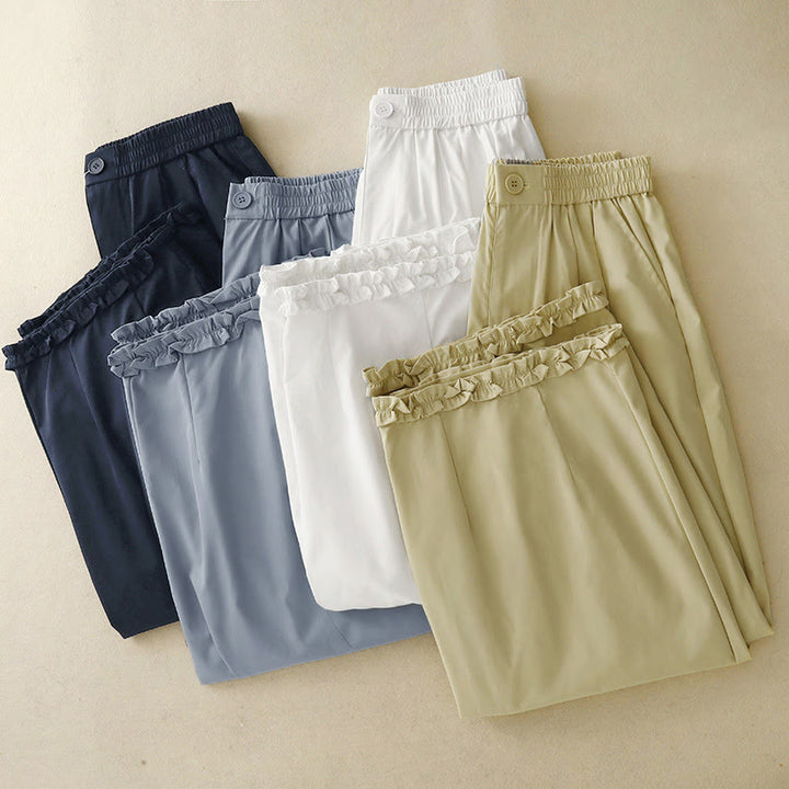Buddha Stones Summer Casual Elegant Button-Up Solid Zipper Design Ruffles Hem Cropped Pants Women's Harem Pants With Pocket - image 24