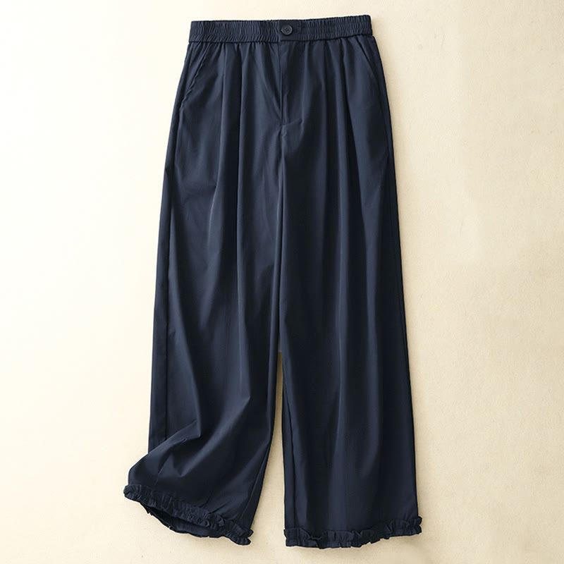 Buddha Stones Summer Casual Elegant Button-Up Solid Zipper Design Ruffles Hem Cropped Pants Women's Harem Pants With Pocket - MidnightBlue - US8-10, UK/AU12-14, EU40-42 (2XL) - image 14