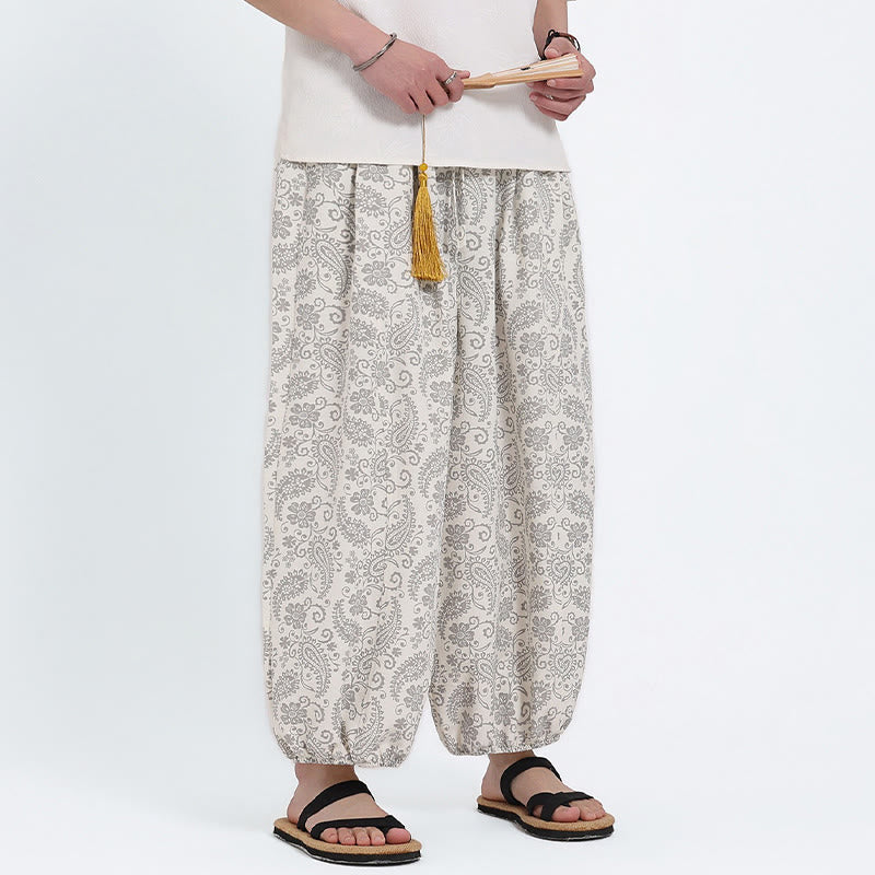 Buddha Stones Summer Boho Casual Drawstring Paisley Capri Pants Men's Harem Pants With Pocket - image 25