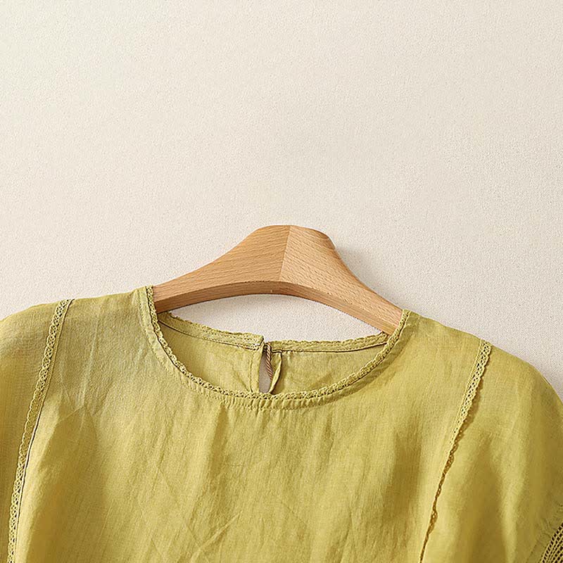 Buddha Stones Summer Casual Simple Drawstring Elastic Hem Solid Ramie Women's Short Sleeve T-Shirts - image 10