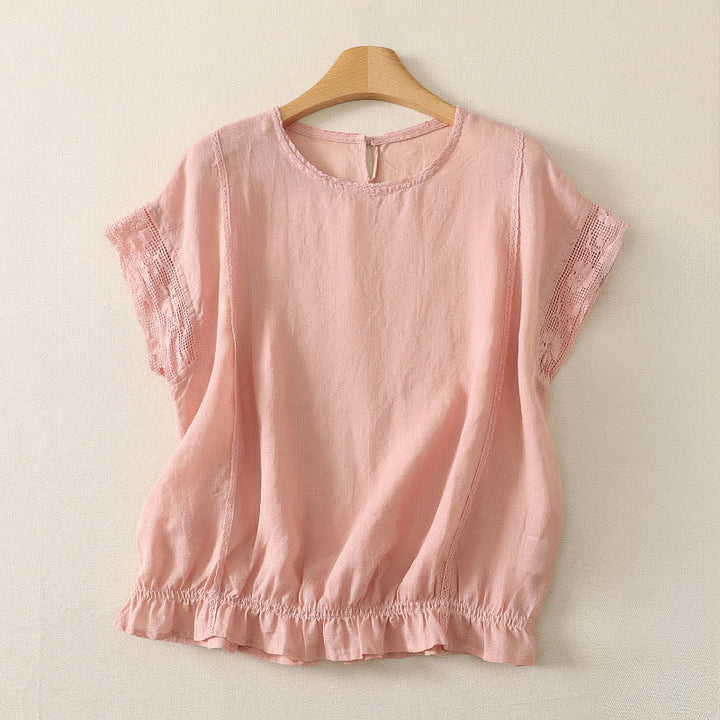 Buddha Stones Summer Casual Simple Drawstring Elastic Hem Solid Ramie Women's Short Sleeve T-Shirts - LightPink - US12, UK/AU16, EU44 (3XL) - image 0