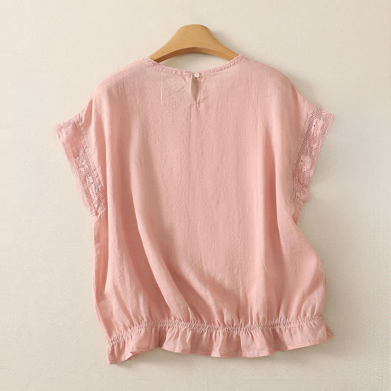 Buddha Stones Summer Casual Simple Drawstring Elastic Hem Solid Ramie Women's Short Sleeve T-Shirts - image 1
