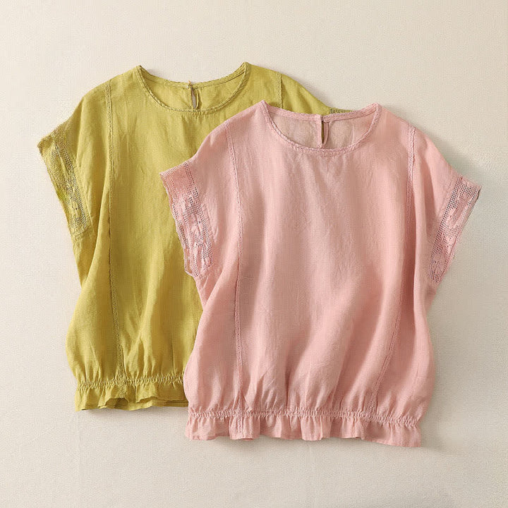 Buddha Stones Summer Casual Simple Drawstring Elastic Hem Solid Ramie Women's Short Sleeve T-Shirts - image 13