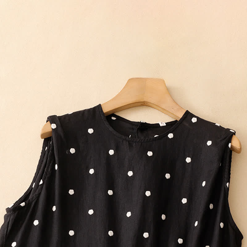 Buddha Stones Summer Casual Vintage Drawstring Polka Dot Crew Neck Women's Summer Sleeveless Dress With Pocket - image 10