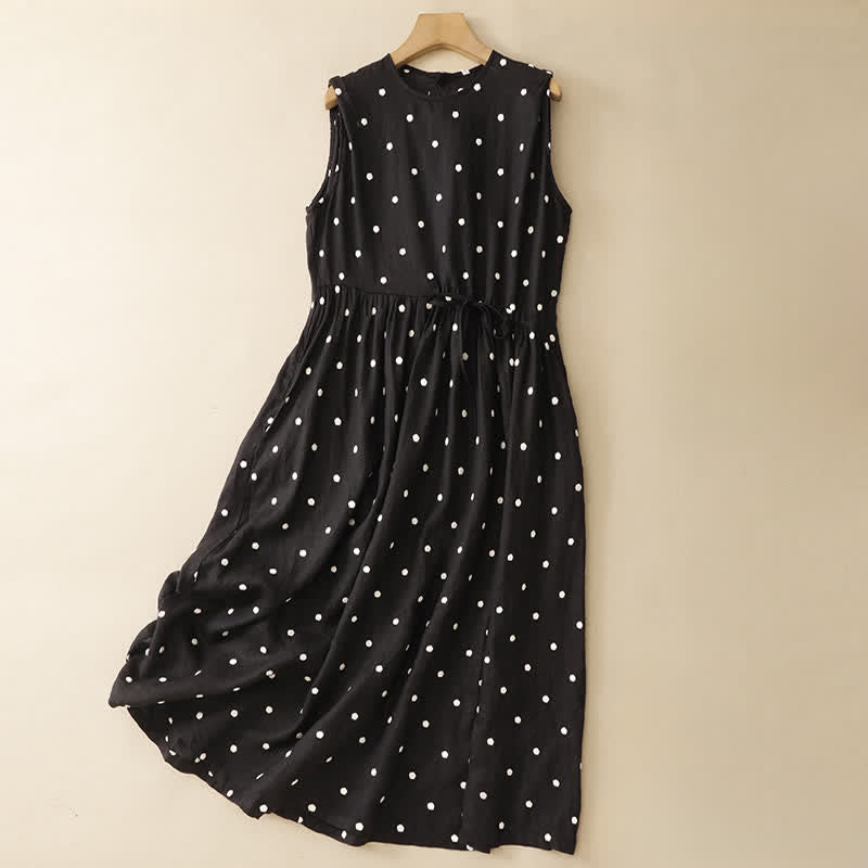 Buddha Stones Summer Casual Vintage Drawstring Polka Dot Crew Neck Women's Summer Sleeveless Dress With Pocket - Black - US8-10, UK/AU12-14, EU40-42 (2XL) - image 9
