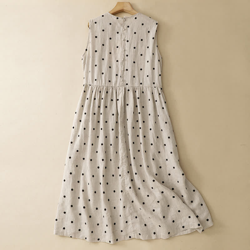 Buddha Stones Summer Casual Vintage Drawstring Polka Dot Crew Neck Women's Summer Sleeveless Dress With Pocket - image 1