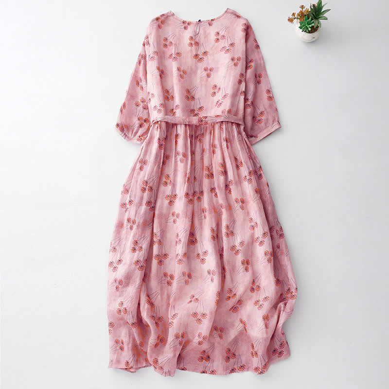 Buddha Stones Summer Casual Elegant Drawstring Floral Women's Elbow-Length Sleeve Dress With Pocket - image 1
