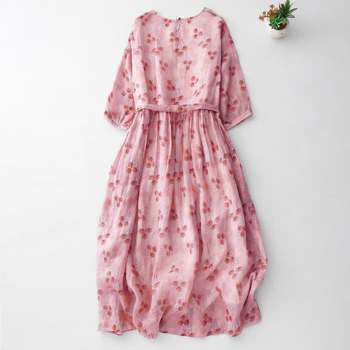 Buddha Stones Summer Casual Elegant Drawstring Floral Women's Elbow-Length Sleeve Dress With Pocket - image 1