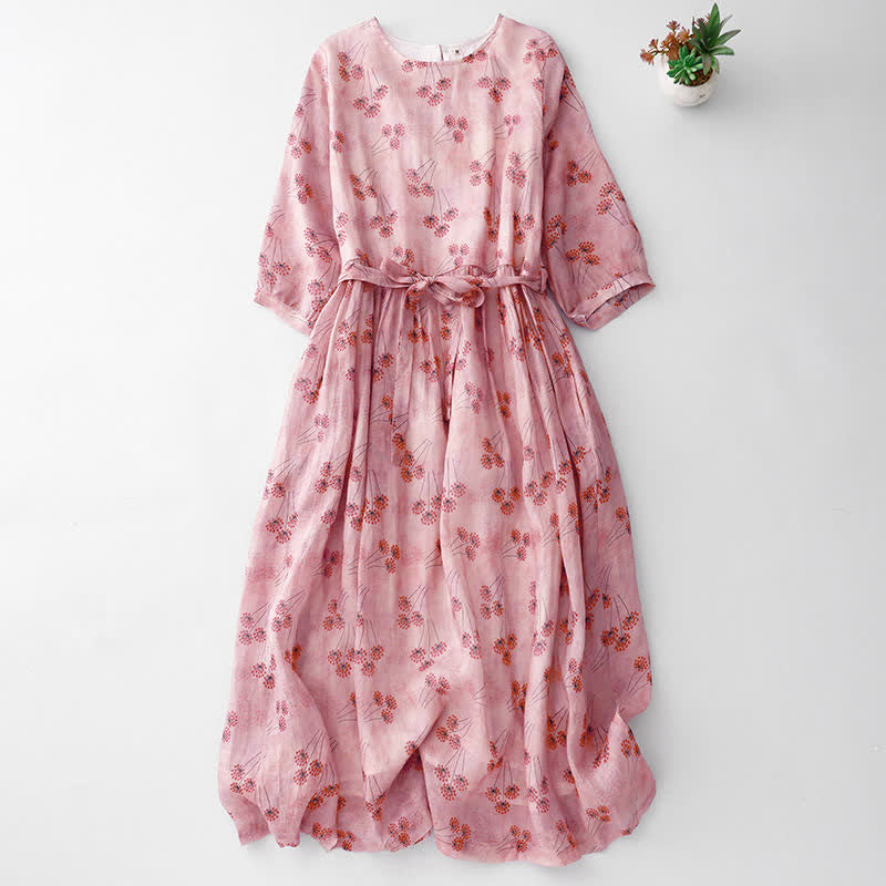 Buddha Stones Summer Casual Elegant Drawstring Floral Women's Elbow-Length Sleeve Dress With Pocket - Pink - US14, UK/AU18, EU46 (2XL) - image 0