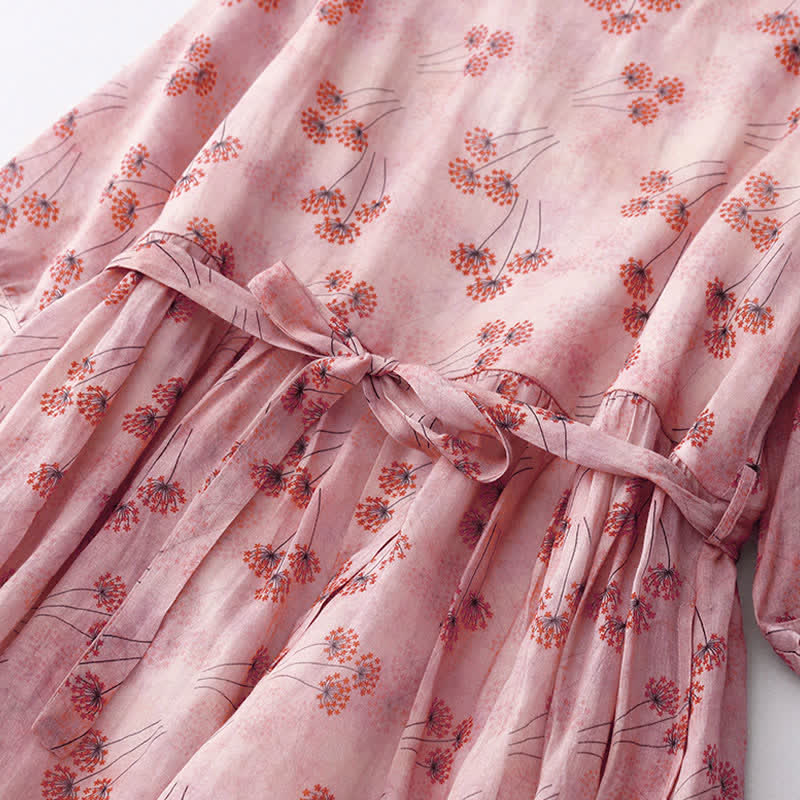 Buddha Stones Summer Casual Elegant Drawstring Floral Women's Elbow-Length Sleeve Dress With Pocket - image 6
