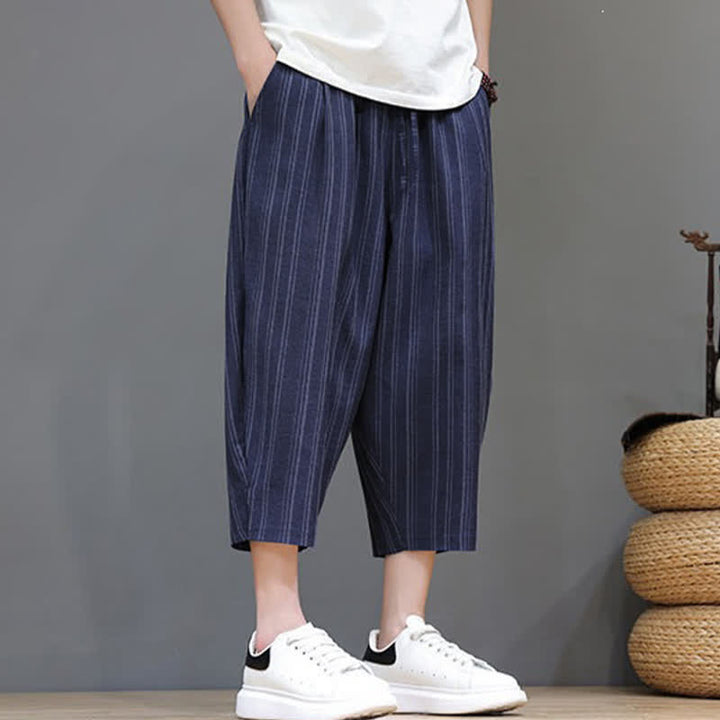 Buddha Stones Summer Casual Drawstring Striped Capri Pants Men's Harem Pants With Pocket - image 23