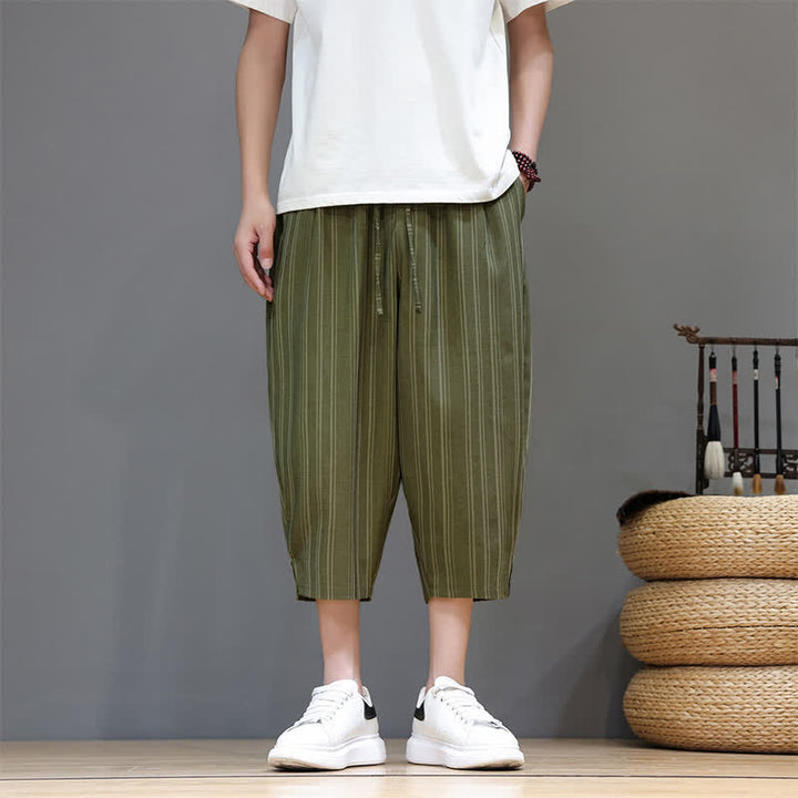 Buddha Stones Summer Casual Drawstring Striped Capri Pants Men's Harem Pants With Pocket - DarkOliveGreen - US/UK/AU46, EU56 (5XL) - image 26