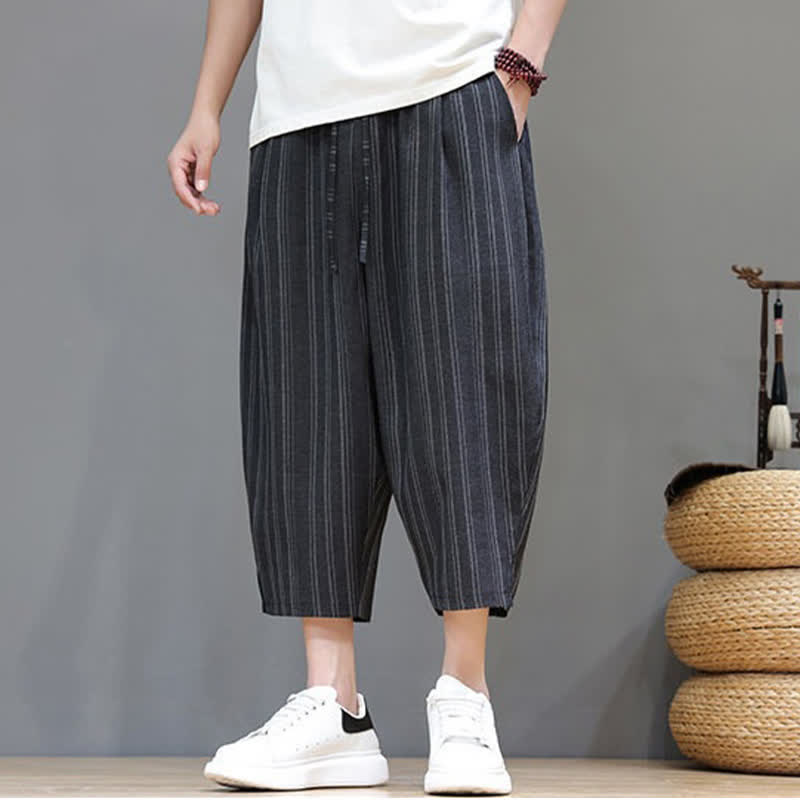 Buddha Stones Summer Casual Drawstring Striped Capri Pants Men's Harem Pants With Pocket - image 12