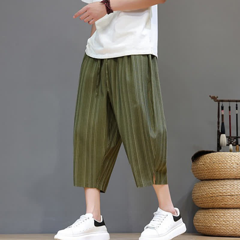 Buddha Stones Summer Casual Drawstring Striped Capri Pants Men's Harem Pants With Pocket - image 33
