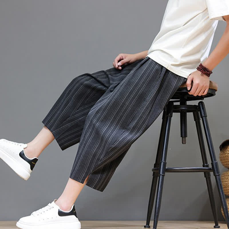 Buddha Stones Summer Casual Drawstring Striped Capri Pants Men's Harem Pants With Pocket - image 17