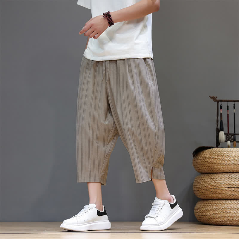 Buddha Stones Summer Casual Drawstring Striped Capri Pants Men's Harem Pants With Pocket - Tan - US/UK/AU46, EU56 (5XL) - image 0