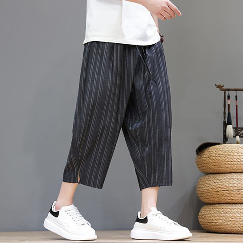Buddha Stones Summer Casual Drawstring Striped Capri Pants Men's Harem Pants With Pocket - image 14