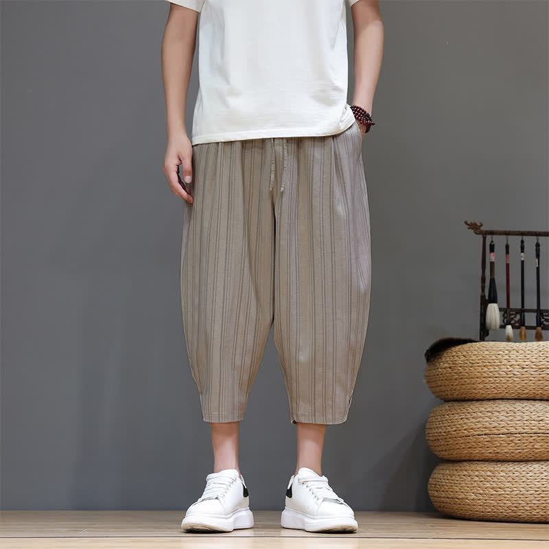 Buddha Stones Summer Casual Drawstring Striped Capri Pants Men's Harem Pants With Pocket - image 1