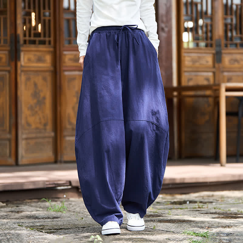 Buddha Stones Summer Casual Drawstring Solid Cotton Cropped Pants Men's Harem Pants With Pocket - Navy - US/UK/AU46, EU56 (5XL) - image 21