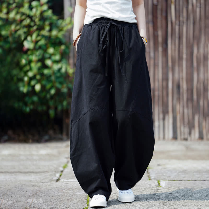 Buddha Stones Summer Casual Drawstring Solid Cotton Cropped Pants Men's Harem Pants With Pocket - image 18