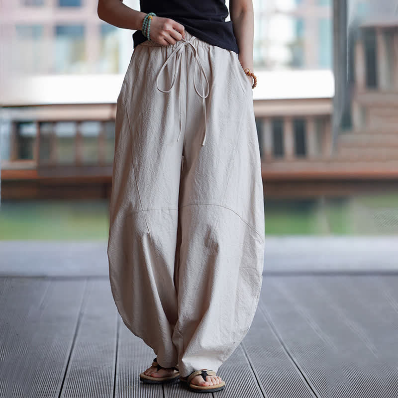 Buddha Stones Summer Casual Drawstring Solid Cotton Cropped Pants Men's Harem Pants With Pocket - image 25