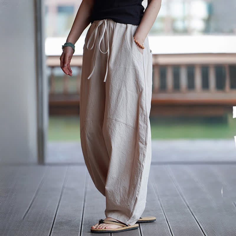 Buddha Stones Summer Casual Drawstring Solid Cotton Cropped Pants Men's Harem Pants With Pocket - image 24