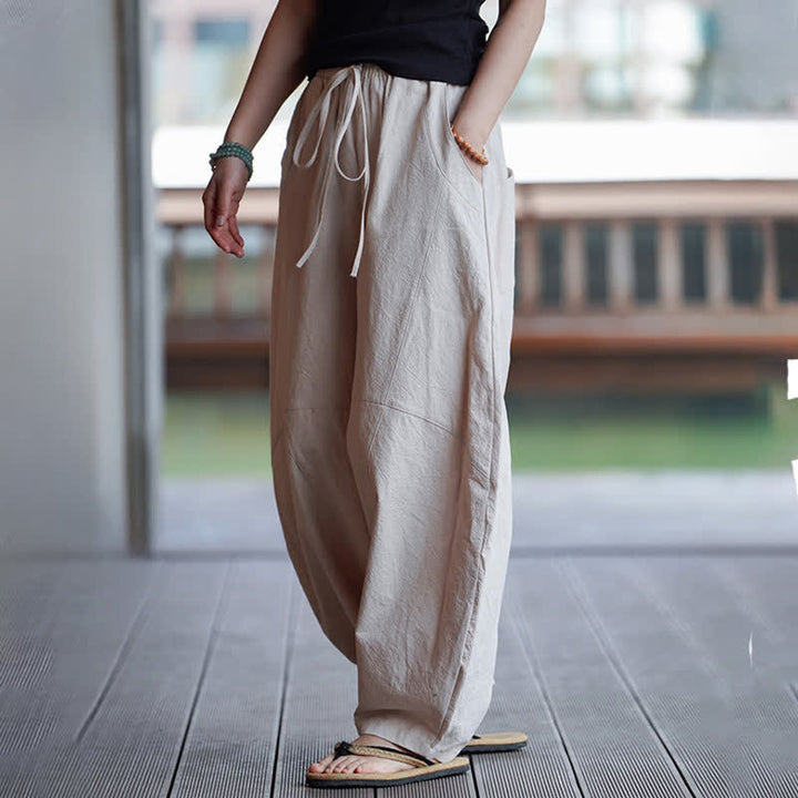 Buddha Stones Summer Casual Drawstring Solid Cotton Cropped Pants Men's Harem Pants With Pocket - image 24