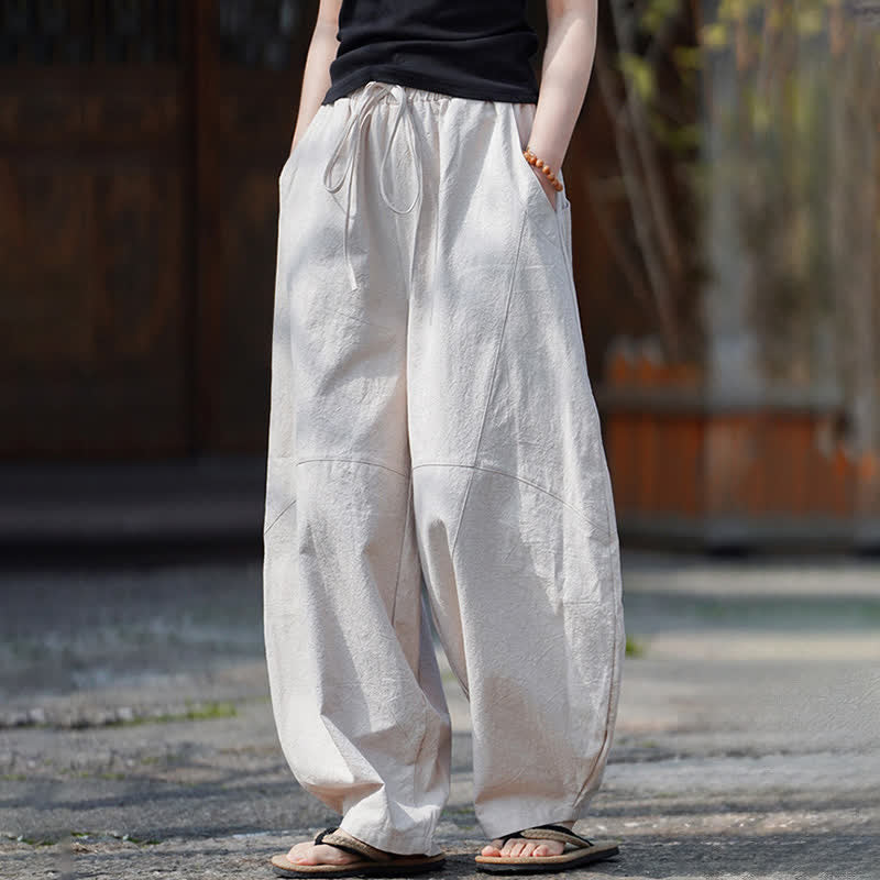 Buddha Stones Summer Casual Drawstring Solid Cotton Cropped Pants Men's Harem Pants With Pocket - image 28