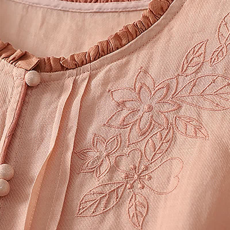 Buddha Stones Spring Summer Casual Elegant Embroidery Floral Leaves Button-Up Women's Long Sleeve Shirts - image 4