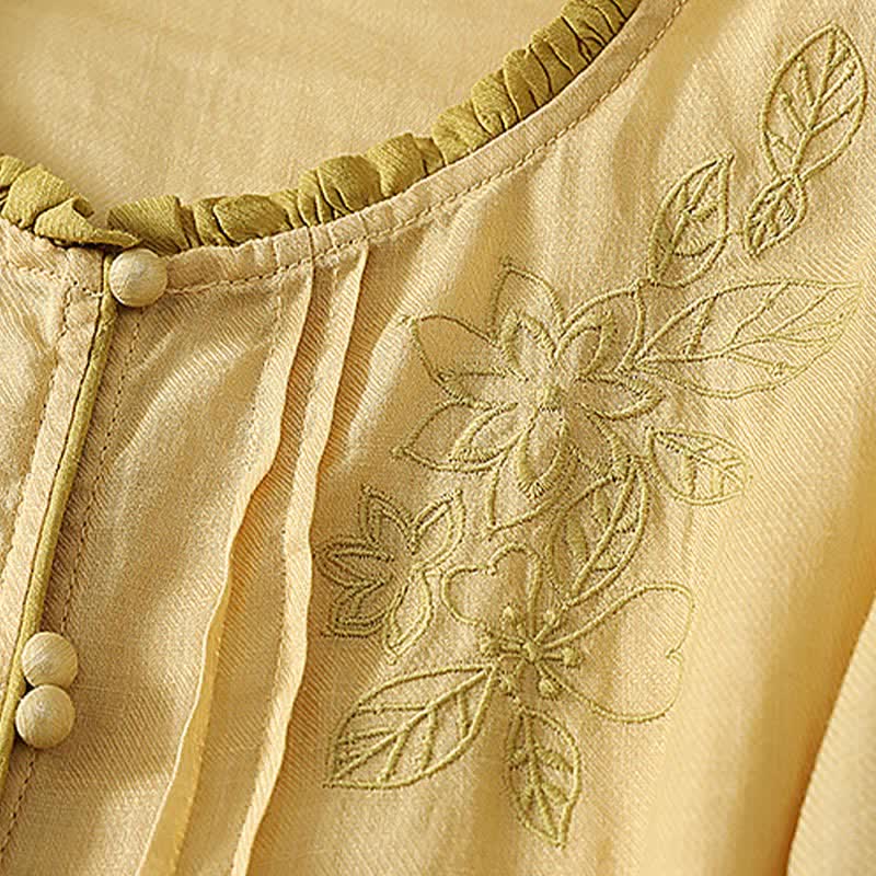 Buddha Stones Spring Summer Casual Elegant Embroidery Floral Leaves Button-Up Women's Long Sleeve Shirts - image 10