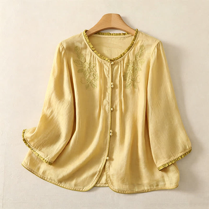 Buddha Stones Spring Summer Casual Elegant Embroidery Floral Leaves Button-Up Women's Long Sleeve Shirts - LemonChiffon - US12, UK/AU16, EU44 (3XL) - image 8