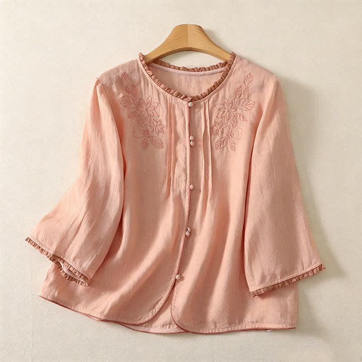 Buddha Stones Spring Summer Casual Elegant Embroidery Floral Leaves Button-Up Women's Long Sleeve Shirts - Moccasin - US12, UK/AU16, EU44 (3XL) - image 0