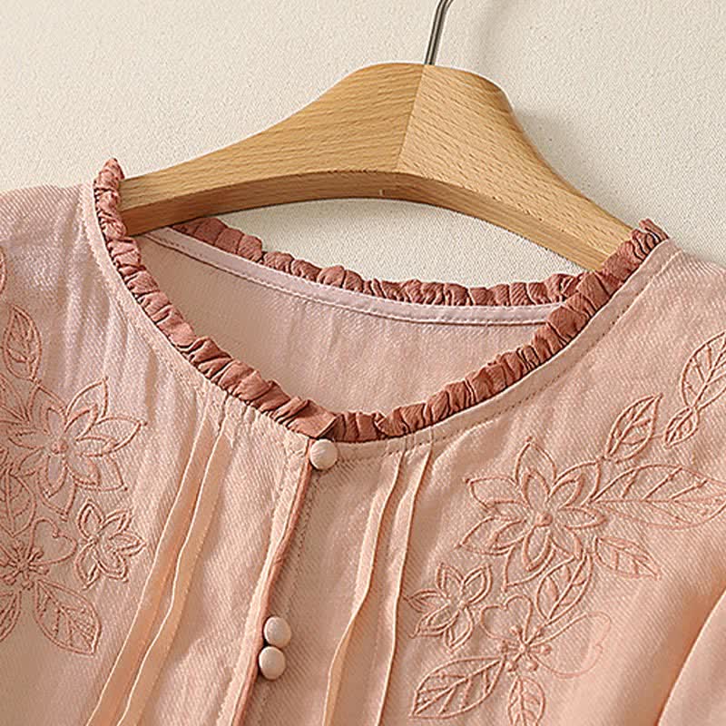 Buddha Stones Spring Summer Casual Elegant Embroidery Floral Leaves Button-Up Women's Long Sleeve Shirts - image 2