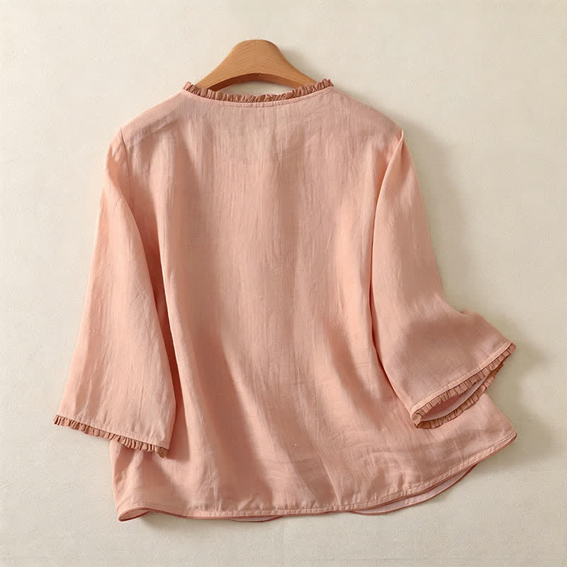 Buddha Stones Spring Summer Casual Elegant Embroidery Floral Leaves Button-Up Women's Long Sleeve Shirts - image 1