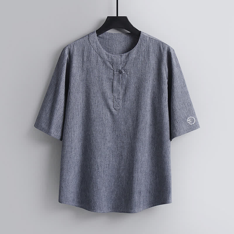 Buddha Stones Summer Tang Style Casual Pankou Crew Neck Solid Men's Short Sleeve Shirts - LightGrey - US/UK/AU54，EU64 (9XL) - image 10