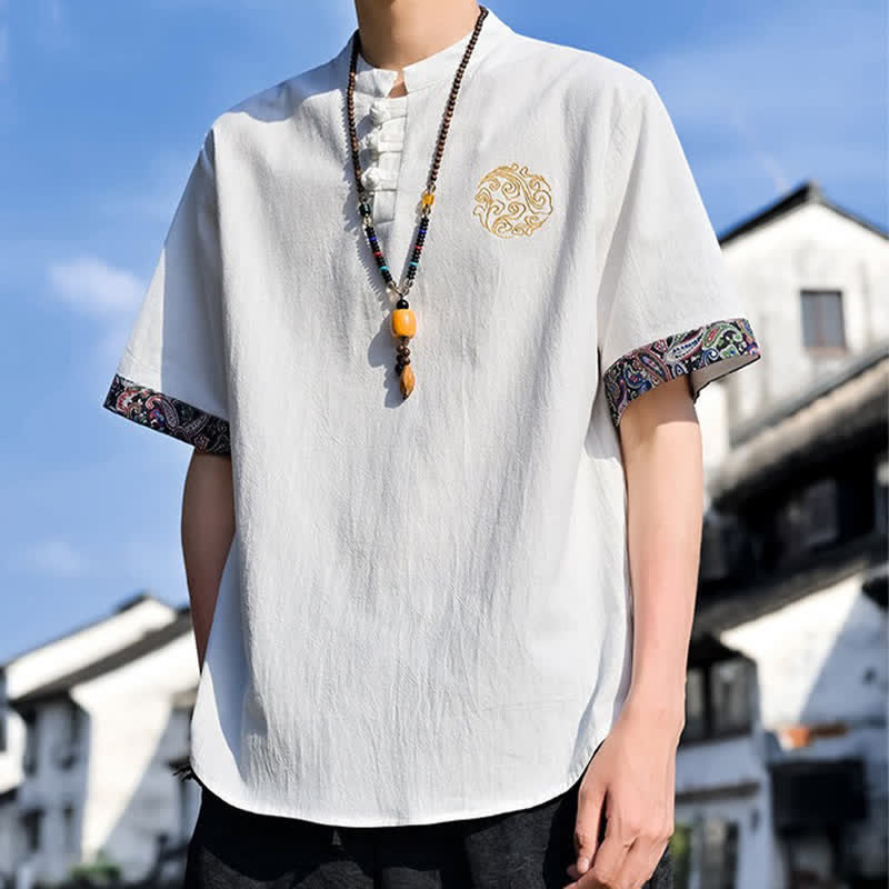 Buddha Stones Summer Tang Style Casual Frog Button Embroidery Men's Short Sleeve Shirts - image 28