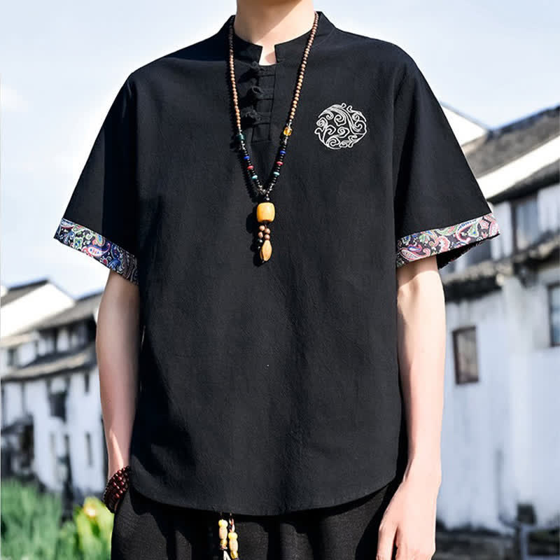 Buddha Stones Summer Tang Style Casual Frog Button Embroidery Men's Short Sleeve Shirts - image 9