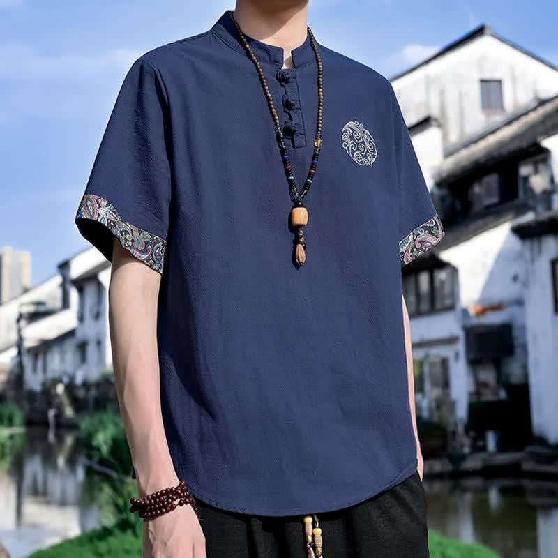 Buddha Stones Summer Tang Style Casual Frog Button Embroidery Men's Short Sleeve Shirts - image 17