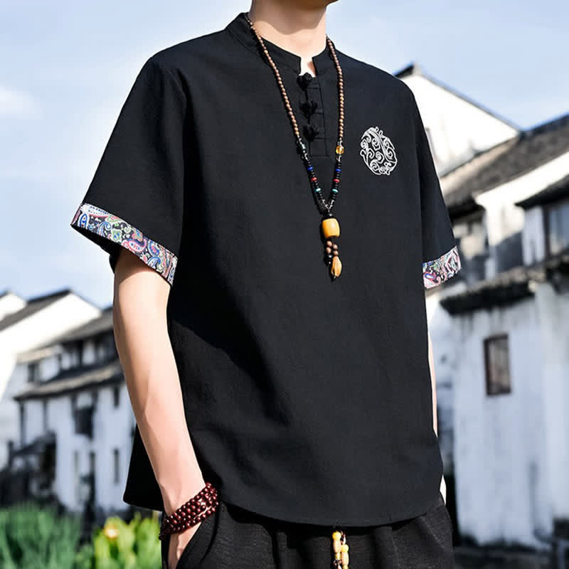 Buddha Stones Summer Tang Style Casual Frog Button Embroidery Men's Short Sleeve Shirts - image 8