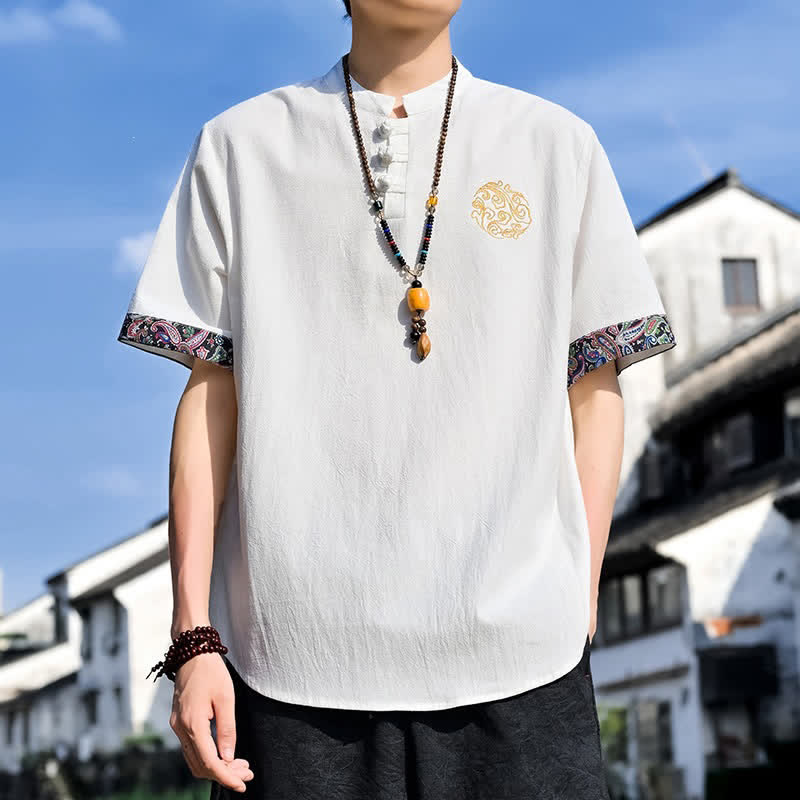 Buddha Stones Summer Tang Style Casual Frog Button Embroidery Men's Short Sleeve Shirts - White - US/UK/AU46, EU56 (5XL) - image 27