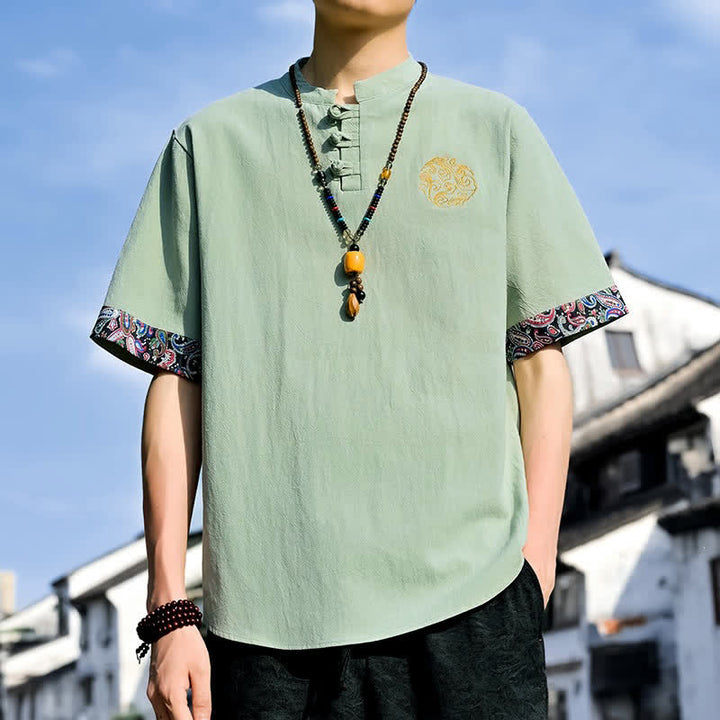 Buddha Stones Summer Tang Style Casual Frog Button Embroidery Men's Short Sleeve Shirts - LightGreen - US/UK/AU46, EU56 (5XL) - image 20