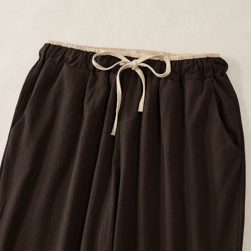 Buddha Stones Minimal Contrast Trim Pattern Cotton Linen Women's Elastic Waist Pants With Pockets - image 13