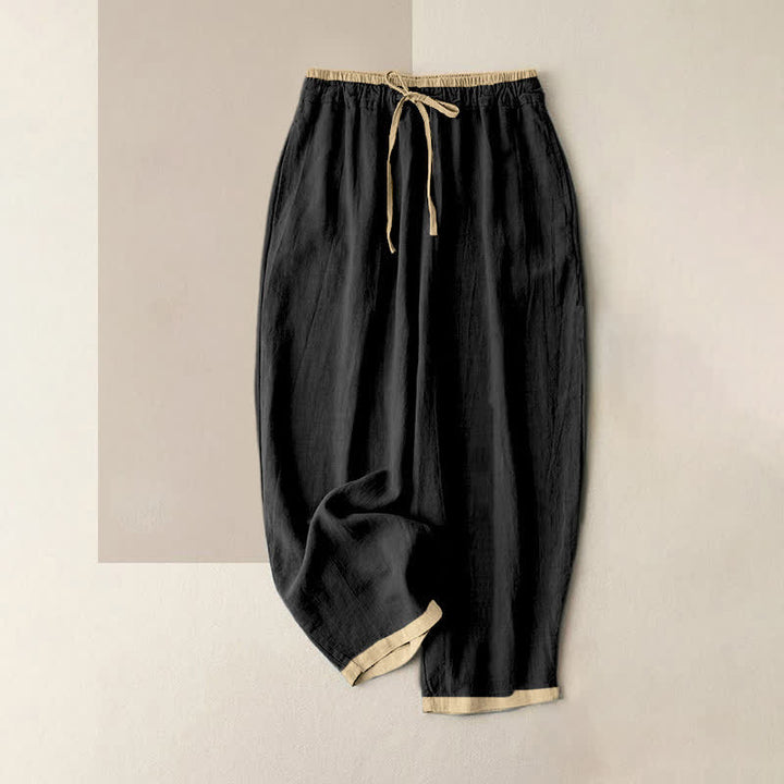 Buddha Stones Minimal Contrast Trim Pattern Cotton Linen Women's Elastic Waist Pants With Pockets - Black - US16，UK/AU20，EU48 (3XL) - image 6