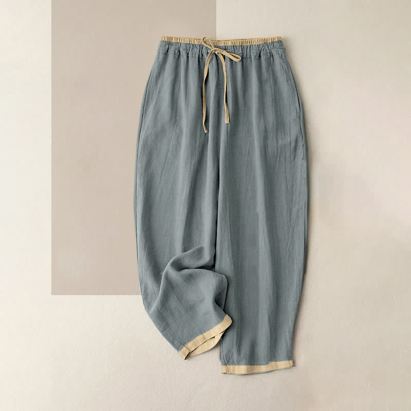 Buddha Stones Minimal Contrast Trim Pattern Cotton Linen Women's Elastic Waist Pants With Pockets - LightSteelBlue - US16，UK/AU20，EU48 (3XL) - image 0
