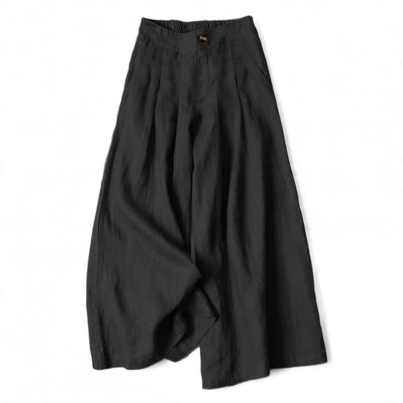 Buddha Stones Summer Elegant Solid Elastic Waist Button Zipper Design Cotton Linen Long Pants Women's Wide Leg Pants With Pockets - Black - US16，UK/AU20，EU48 (3XL) - image 10